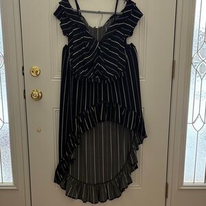 Express Black and White Striped Ruffle Hem Dress
